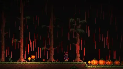 Blood red rain falling across a darkened surface biome during a Blood Moon event