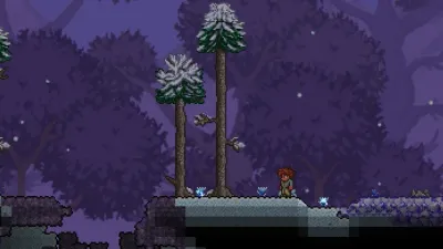 Purple corrupted ice spikes and trees in a snow biome