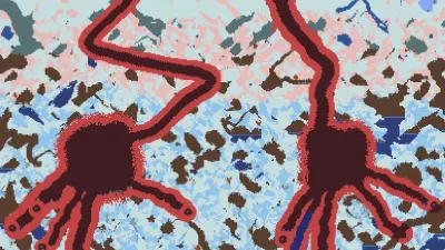 World map view of a Crimson biome showing surface chasms branching into finger-like tunnels