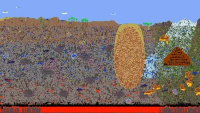World map of a Drunk seed showing both Corruption and Crimson biomes