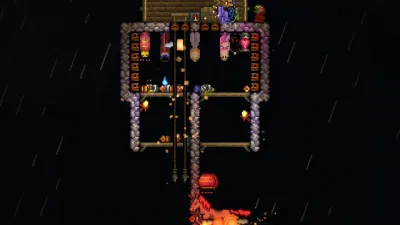 A player-built Hallow farm structure with pastel biome blocks