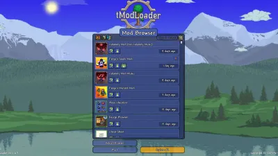 The tModLoader Mod Browser interface listing downloadable mods