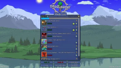 The tModLoader Mods list showing installed mods with enable toggles