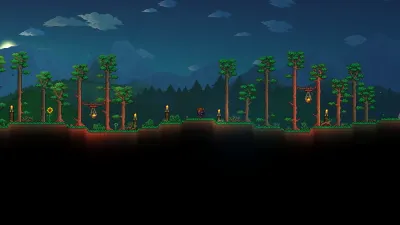 A jungle biome at dusk with palm trees and dense foliage