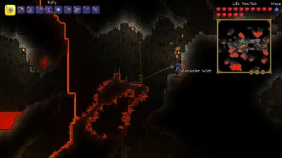 An underground lava-layer cavern with pooled lava and stone platforms