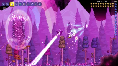 The Nebula Pillar boss-event fight with a Last Prism beam and celestial enemies