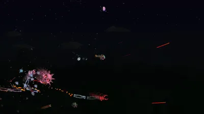 A dark space-like scene with a glowing boss creature firing projectiles