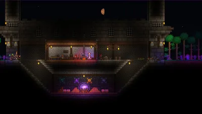 A night-time castle tavern build with NPC rooms and a trophy vault below