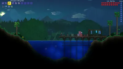 A Terraria village at dusk with trees, NPC housing, and players